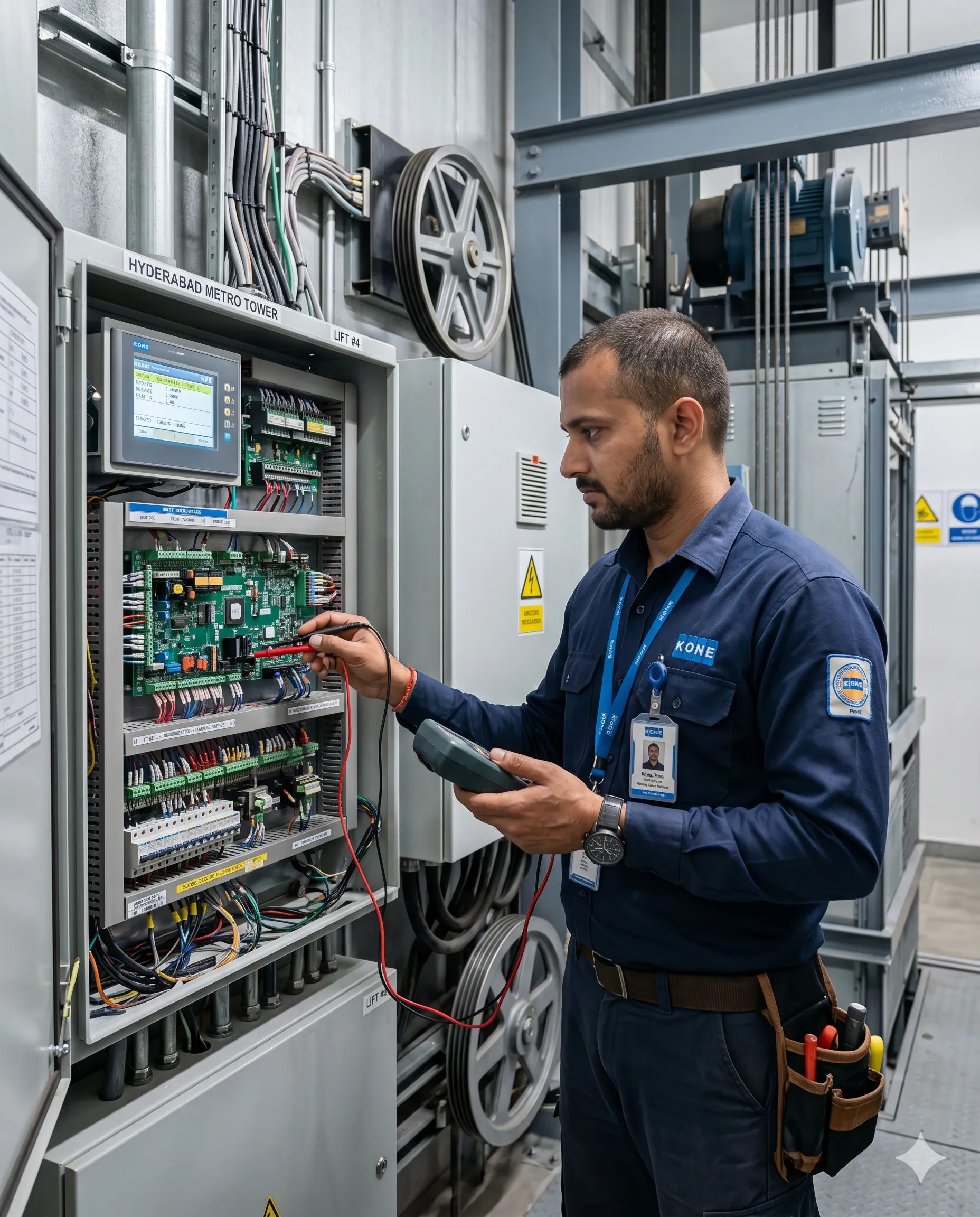 Professional lift maintenance technician inspecting elevator control panel in Hyderabad